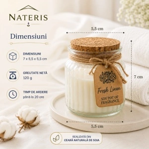 Lumânare parfumată Lenjerie Proaspătă, ceară naturală de soia, 120 g, ardere până la 20 ore - Img 3