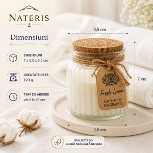 Lumânare parfumată Lenjerie Proaspătă, ceară naturală de soia, recipient din sticlă cu capac din plută, parfum Fresh Linen, decor elegant pentru casă, ardere până la 20 ore, 120 g - Img 2