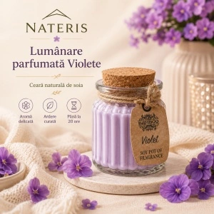 Lumânare parfumată Violete, ceară naturală de soia, 120 g, ardere până la 20 ore - Img 2