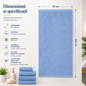 Prosop de baie Kiwi Albastru, 50 x 100 cm, 100% Bumbac Egiptean, 500 GSM, prosop absorbant și pufos, uscare rapidă, calitate premium - Img 2