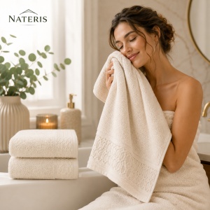 Set 2 prosoape baie premium Solano, 100% bumbac natural, 70x140 cm, absorbție rapidă, prosop moale și delicat, textură elegantă, bordură decorativă, certificat OEKO-TEX, ecru - Img 2