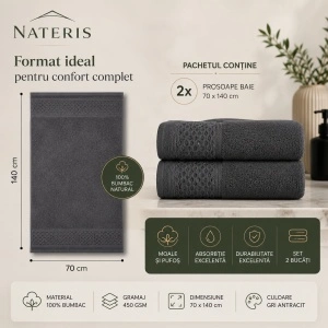 Set 2 prosoape baie Solano, 100% bumbac, 70x140 cm, 450 GSM, gri antracit - Img 4