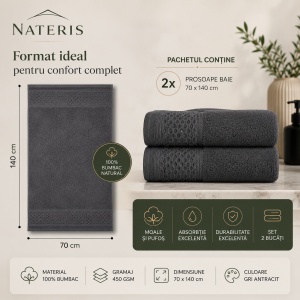 Set 2 prosoape baie Solano, 100% bumbac natural, 70x140 cm, absorbție rapidă, uscare eficientă, confort premium, delicate cu pielea, design elegant cu bordură decorativă, rezistente în timp, gri antracit - Img 2