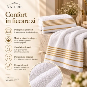 Set 2 Prosoape Față și Mâini Nateris Tiwano, bumbac, 50x90 cm, 500 g/m², alb - Img 4