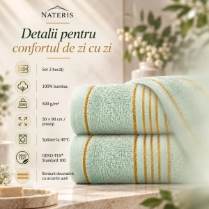 Set 2 Prosoape Față și Mâini Nateris Tiwano, bumbac, 50x90 cm, verde mentă - Img 2