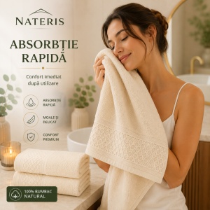 Set 2 prosoape față și mâini Solano, 100% bumbac natural, 50x90 cm, absorbție rapidă, prosop premium moale și delicat, textură elegantă, bordură decorativă, certificat OEKO-TEX, crem - Img 5