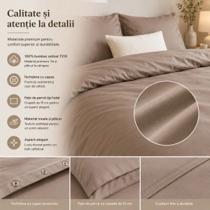 Set lenjerie de pat 200x220 cm, 100% bumbac satinat, 3 piese, închidere cu capse, bej - Img 5