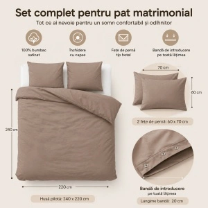 Set lenjerie de pat 240x220 cm, 100% bumbac satinat, 3 piese, închidere cu capse, bej - Img 3