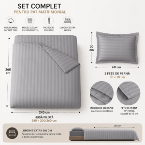 Set lenjerie de pat Hotel Line , 240x200/260 cm, 2 fețe de pernă 60x70 cm, 100% bumbac satinat T220, model dungi hotel, anti-alergic, închidere cu capse, premium, gri - Img 2