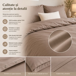 Set lenjerie de pat , husă pilotă 200x200/220 cm și 2 fețe de pernă 60x70 cm, 100% bumbac satinat, anti-alergic, închidere cu capse, bej - Img 5