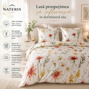 Set lenjerie Nateris 100% bumbac, 220x200 cm, 3 piese, alb multicolor - Img 4