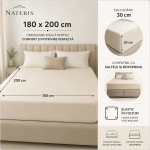 Cearșaf cu elastic 180x200 cm, 100% bumbac, colț 30 cm, antialergic, crem - Img 3