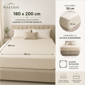 Cearșaf cu elastic 180x200 cm, 100% bumbac premium, pentru saltea și boxspring, proprietăți anti-alergice și anti-acarieni, colț 30 cm, material moale și respirabil, crem - Img 2
