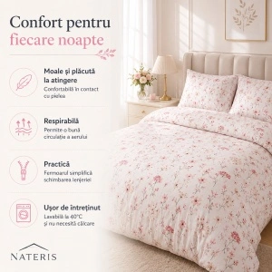 Lenjerie pat 100% bumbac Jersey, 220x200 cm, 3 piese, floral alb/roz - Img 4