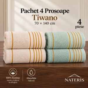Pachet 4 Prosoape Tiwano 70×140 cm – 2 Crem + 2 Menta