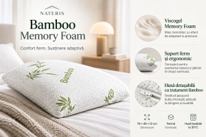 Pernă ergonomică Nateris Bamboo Memory Foam, fermă, husă detașabilă, 70 × 40 × 12 cm, alb - Img 4