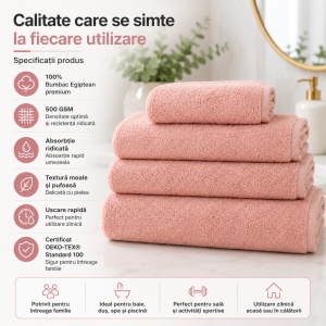 Prosop de baie Kiwi, 50 x 100 cm, 100% Bumbac Egiptean, 500 GSM, absorbție superioară, textură moale, uscare rapidă, certificat OEKO-TEX Standard 100, Roz - Img 4