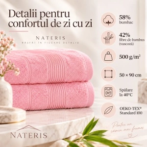 Set 2 Prosoape Față și Mâini Nateris Bamboo Moreno, 50x90 cm, bumbac 500 g/m², Roz - Img 3