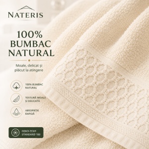 Set 2 prosoape față și mâini Solano, 100% bumbac natural, 50x90 cm, absorbție rapidă, prosop premium moale și delicat, textură elegantă, bordură decorativă, certificat OEKO-TEX, crem - Img 2