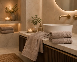 Set 2 prosoape premium NATERIS SOLANO, prosop baie 100% bumbac, 70x140 cm, 450 GSM, bej, pufoase, absorbante, hotel spa, bej - Img 5