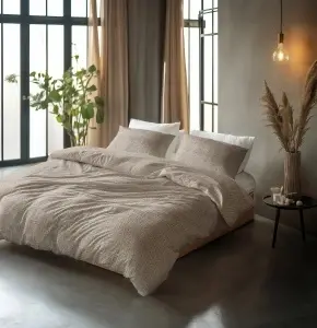 Set lenjerie de pat 200x220 cm, 100% bumbac, 3 piese, închidere cu capse, bej