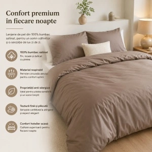 Set lenjerie de pat 200x220 cm, 100% bumbac satinat, 3 piese, închidere cu capse, bej - Img 2