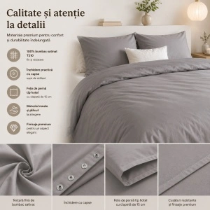 Set lenjerie de pat 240x220 cm, 100% bumbac satinat, 3 piese, închidere cu capse, gri - Img 5