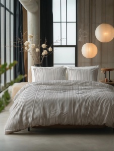 Set lenjerie de pat din bumbac 100%, 200 x 220 cm, set cu 2 fețe de pernă 60 x 70 cm, antiacarieni, antialergică, respirabilă, închidere cu capse, taupe - Img 5