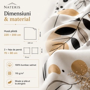 Set lenjerie Nateris Linure, bumbac satinat, 220x200 cm, 3 piese, alb - Img 2
