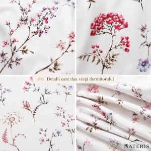 Set lenjerie pat Nateris 100% bumbac 220x200 cm, 3 piese, alb floral - Img 6