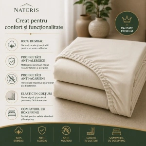 Cearșaf cu elastic 160x200 cm, 100% bumbac, pentru saltea și boxspring, crem - Img 5