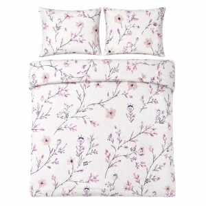 Lenjerie pat 100% bumbac Jersey, 220x200 cm, 3 piese, floral alb/roz