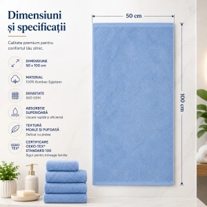 Prosop de baie Kiwi, 70x140 cm, bumbac egiptean, 500 GSM, OEKO-TEX®, albastru - Img 3