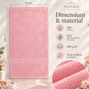Set 2 prosoape baie Nateris Bamboo Moreno, 70x140 cm, bumbac 500 g/m², roz - Img 2