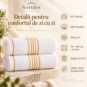 Set 2 prosoape baie Nateris Tiwano, bumbac, 70x140 cm, alb - Img 2