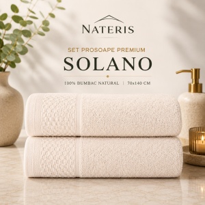 Set 2 prosoape baie Solano, 100% bumbac natural, 70x140 cm, absorbție rapidă, textură delicată, prosop premium pentru baie, bordură decorativă elegantă, certificat OEKO-TEX, crem