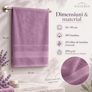 Set 2 Prosoape Față și Mâini Nateris Bamboo Moreno, 50x90 cm, 500 g/m², lavandă - Img 2