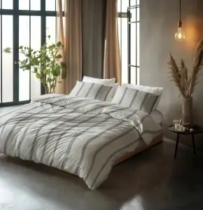 Set lenjerie de pat 200x220 cm, 100% bumbac, 3 piese, respirabilă, închidere cu capse, bej