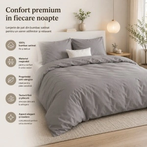 Set lenjerie de pat 240x220 cm, 100% bumbac satinat, 3 piese, închidere cu capse, gri - Img 2