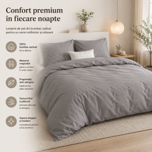 Set lenjerie de pat , 240x220 cm, 2 fețe de pernă 60x70 cm, 100% bumbac satinat, anti-alergic, închidere cu capse, gri - Img 2