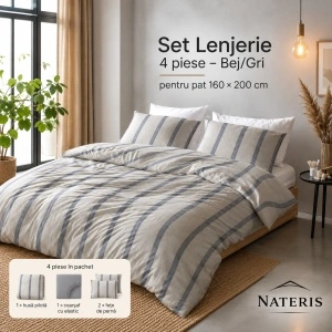 Set lenjerie NAUTIC 4 piese pentru pat 160×200 cm, 100% bumbac, bej/gri