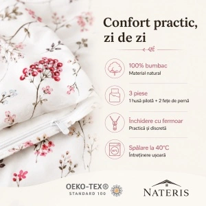 Set lenjerie pat Nateris 100% bumbac 220x200 cm, 3 piese, alb floral - Img 3