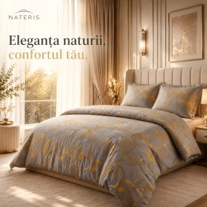Set lenjerie pat Nateris satin 100% bumbac 220x200 cm, 3 piese, gri - Img 5