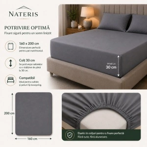 Cearșaf cu elastic 160x200 cm, 100% bumbac, colț 30 cm, antialergic, gri - Img 3