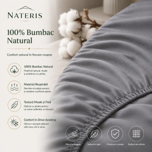 Cearșaf cu elastic 180x200 cm, 100% bumbac premium, pentru saltea și boxspring, proprietăți anti-alergice și anti-acarieni, colț 30 cm, material moale și respirabil, gri - Img 3