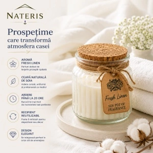 Lumânare parfumată Lenjerie Proaspătă, ceară naturală de soia, 120 g, ardere până la 20 ore - Img 4