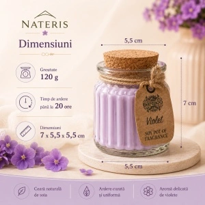 Lumânare parfumată Violete, ceară naturală de soia, 120 g, ardere până la 20 ore - Img 3