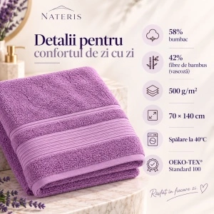 Set 2 prosoape baie Nateris Bamboo Moreno, 70x140 cm, 500 g/m², lavandă - Img 3