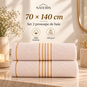 Set 2 prosoape baie Nateris Tiwano, bumbac, 70x140 cm, crem - Img 2