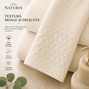 Set 2 prosoape baie premium Solano, 100% bumbac natural, 70x140 cm, absorbție rapidă, prosop moale și delicat, textură elegantă, bordură decorativă, certificat OEKO-TEX, ecru - Img 3